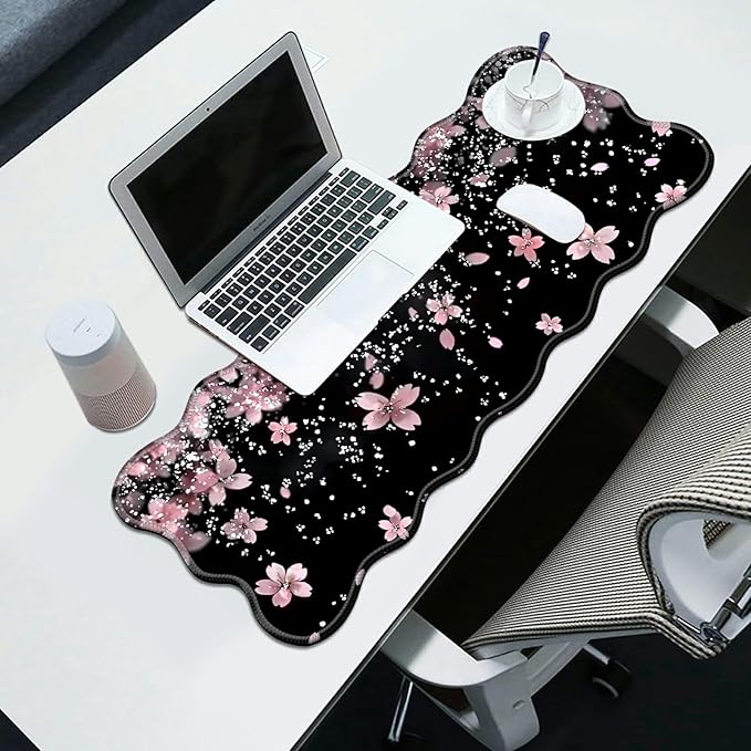 Cherry Blossoms Glittery Desk Mat Mouse Pad 31.5 x11.8 XL Extended Mousepad Huge Mouse Pads with Stitched Edges Desk Pad for Work Game Office Home