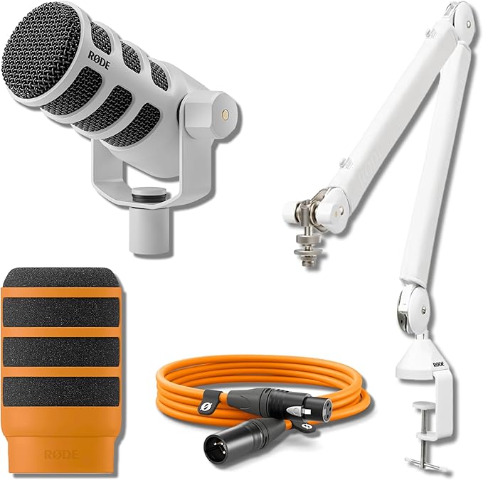 Rode PodMic USB Dynamic Broadcast Microphone (White) with Rode PSA1+ Professional Studio Boom Arm (White) Rode Premium XLR Cable and Pop Filter (10' Orange)