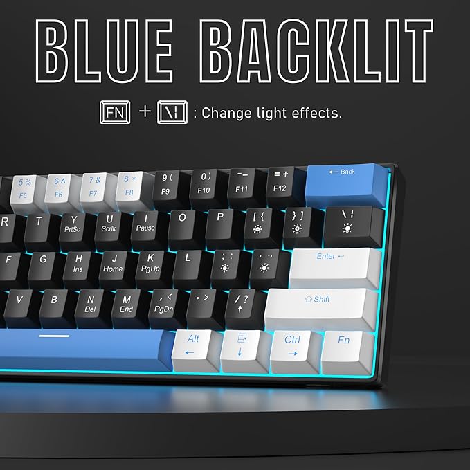 Camiysn 60% Mechanical Gaming KeyboardWhite Black Blue Keycaps Gaming Keyboard with Linear Red Switch Detachable Type-C Cable Mini Keyboard with Blue LED Light for Windows/Mac/PC/Laptop