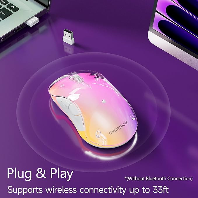 memzuoix 2.4G Wireless Mouse with Customizable Cover &amp 9-Color LED - Rechargeable Ergonomic 1400 DPI 5 Buttons USB Receiver for PC/Mac - Purple