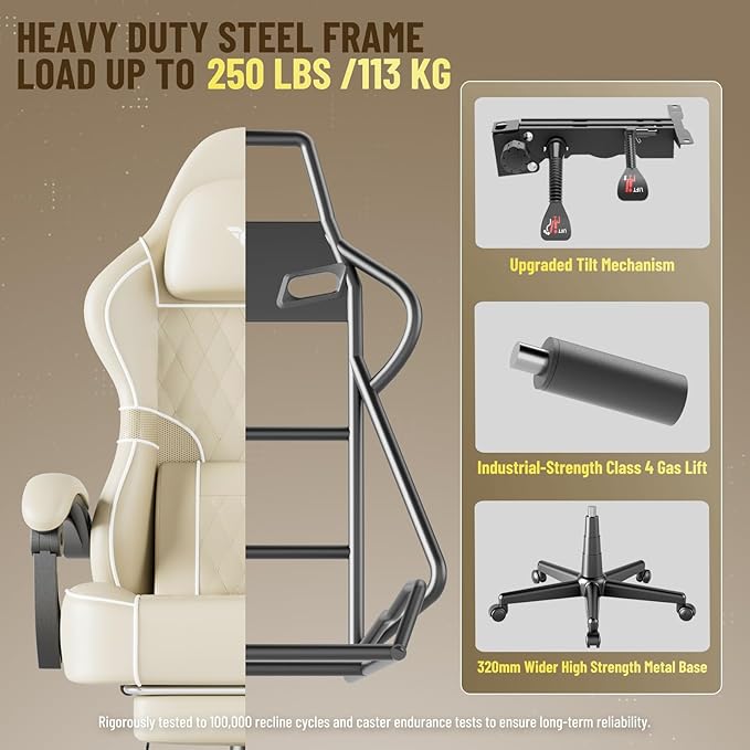 Soontrans PU Leather Gaming Chair with FootrestHigh Back Ergonomic Computer Gamer ChairComfortable Video Game Chair with Massage Lumbar Cushion Racing Reclining Office Desk Chair for AdultBeige