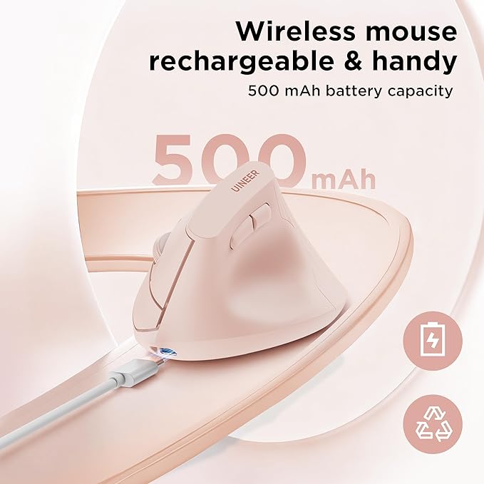 Uineer Ergonomic Wireless Mouse PinkBluetooth Vertical Mouse with BT5.0/4.0/2.4G Rechargeable with Battery IndicatorErgonomic Design for Comfort and Reduced Wrist Strain for HomeOffice Use Pink