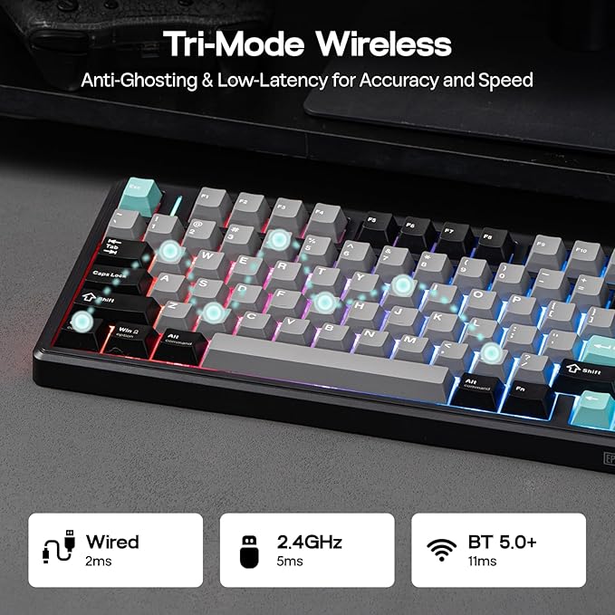 EPOMAKER TH80 V2 75% Wireless Mechanical Keyboard with Metal Knob 8000mAh 2.4Ghz/BT/USB-C RGB Hot Swap Custom Driver PBT Keycap Wireless Gaming Keyboard for PC/Mac (Black Creamy Jade)