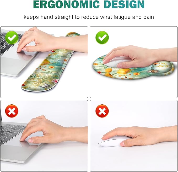 Gaming Mouse Pad Large Desk Mat Cute Desk Pad Protector 4in1 XXL Mousepad + Keyboard Wrist Rest+Mouse Wrist Rest+Coaster Set with Ergonomic Desk Pad for Home Office PC Computer Yellow Flowers