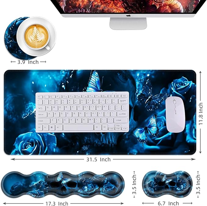 Mouse PadLarge Desk Mat Set 4in1 XL Mousepad + Keyboard Wrist Rest+Mouse Wrist Rest+Coaster with Ergonomic Desk Pad for Home Office Table Computer Cover -Skull with Butterflies and Roses