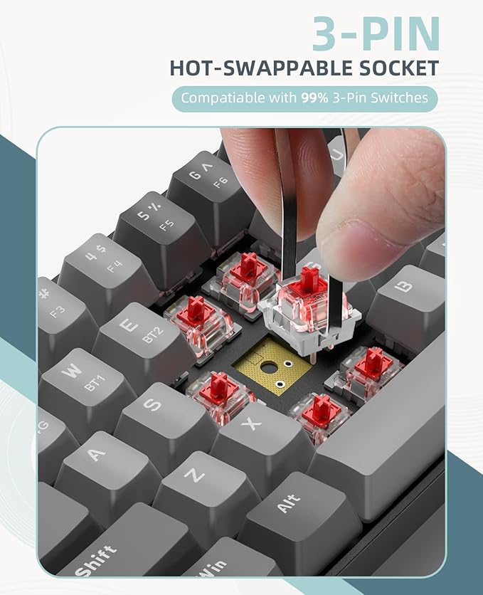 ZIYOU LANG RK68 60% Wireless Mechanical KeyboardBluetooth 5.0/2.4Ghz Dual Mode ReceiverHot-Swappable Mini 68-KeyRetro Color KeycapsLinear Red SwitchUltra Power Saving for PC PS4 Xbox iPhone ipad