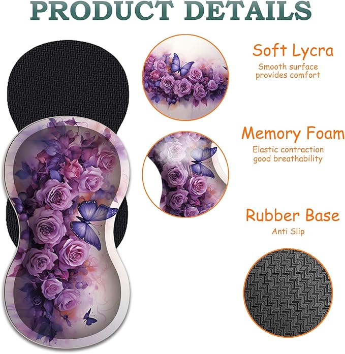 3-in-1 Large Mouse Pad Gaming Set (31.5 x 11.8 inch)+ Wrist Rest Pad + Coaster Memory Foam Gel Wrist Rest Pad for Pain Relief Stitched Edges Non-Slip Table Mat Purple Roses and Butterflies