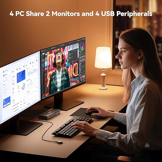HDMI KVM Switch 2 Monitors 4 Computers 4K@60Hz EDID SimulationDual Monitor KVM Switch with 4 USB 3.0 Ports for USB PeripheralsAudioRS232with Wired Remote12V Power and 4 USB Cables