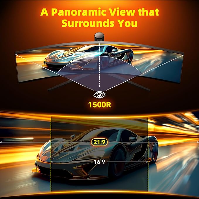 34 Inch Ultrawide Gaming Monitor - 21:9 WQHD 3440 x 1440 R1500 Curved Computer Monitor for Gamer 180Hz 1ms AMD FreeSync PIP/PBP Crosshair TÜV Eye Care HDMI 2.0 &amp DP1.4 Tilt/Height/Swivel Stand