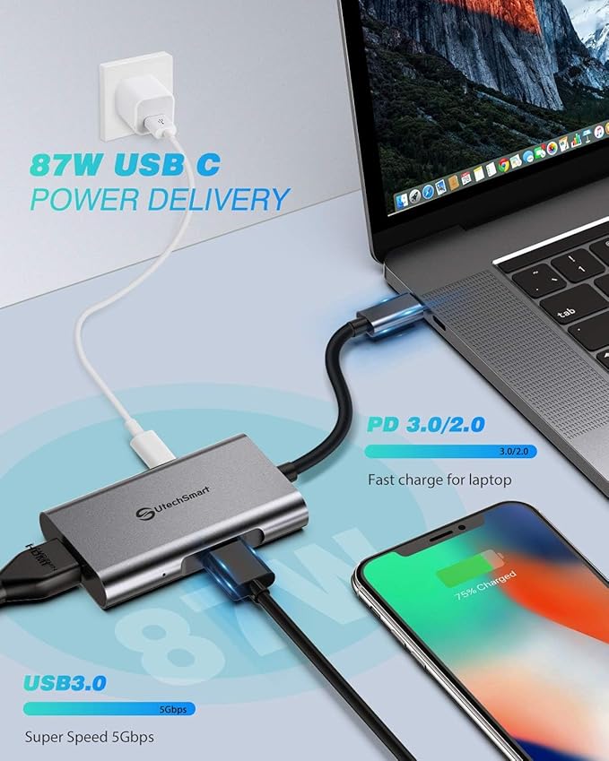 UtechSmart HDMI to USB C Adapter 4-in-1 USB C Hub Dual HDMI Adapter with 4K USB C to USB Adapter for MacBook Pro Air Dell HP Microsoft Chromebook Lenovo iPhone 16 (100W PD USB 3.0)