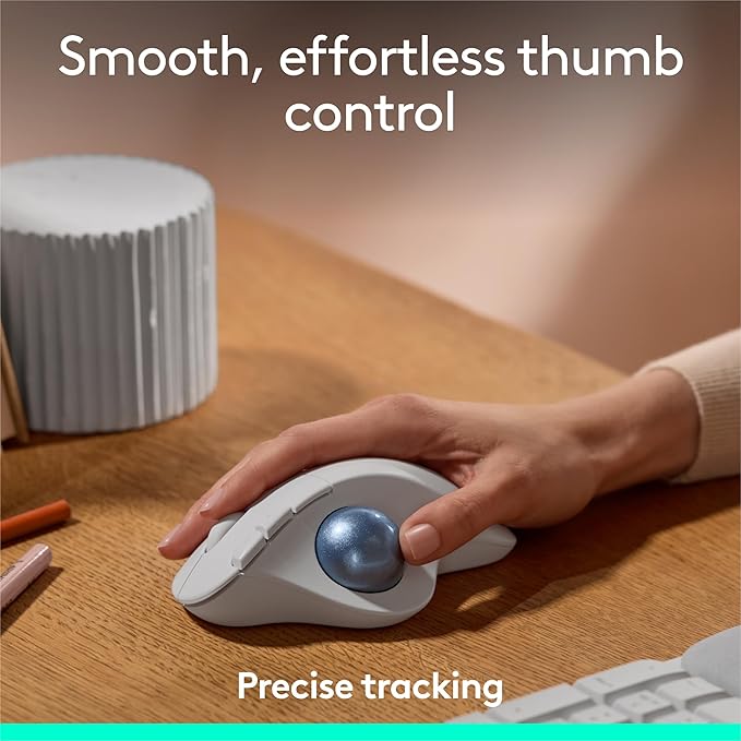 Logitech Ergo M575S Wireless Trackball Mouse Wireless Ergonomic Mouse with Bluetooth and Encrypted Dongle Comfortable Thumb Control Precise and Smooth Tracking for PC/Mac - Off-White Blue Ball