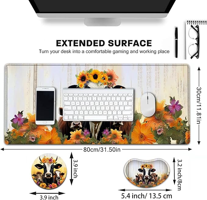 Large Mouse Pad with Mouse Wrist Rest 31.5x11.8 in Extended Mouse Mat Non-Slip PU Base Ergonomic Memory Foam Wrist Rest for Work &amp Gaming Writing Pad Sunflowers Farmhouse Cow Office Desk Pad