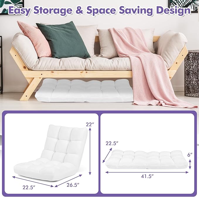 GOFLAME 14-Position Folding Floor Chair Padded Gaming Lazy Sofa Chair with Adjustable Backrest Couch Recliner Sleeper Bed Lounge Chair for Reading Gaming Meditating (White)