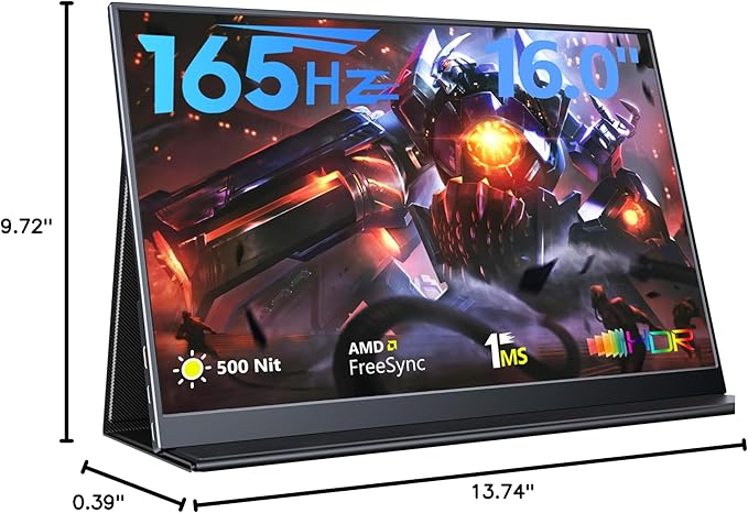 165Hz Portable Gaming Monitor 16 1920x1200 500 Nits Laptop Monitor Second Computer Display with Speakers Dual Screen Travel Monitor for PC Phone PS5/4 Xbox Switch