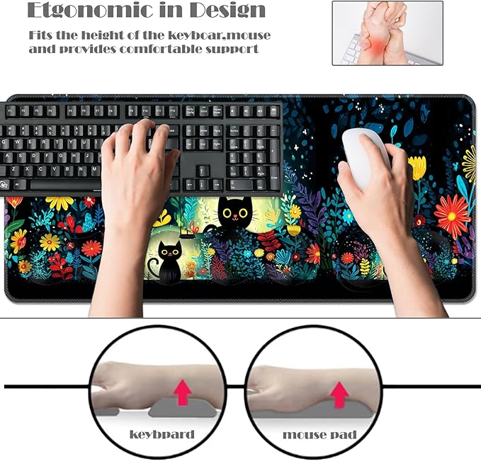 Ergonomic Keyboard Wrist Rest &amp Mouse Pad Wrist Rest SetXL Gaming Desk Mat 31.5x 11.8Non-Slip BaseMemory FoamEasy Typing Pain Relief for Office &amp HomeBlack Cat