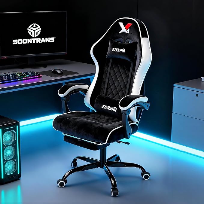 Gaming Chair with Footrest Ergonomic Computer Chair with Headrest &amp Lumbar Support Skin-Friendly Velvet Adjustable Height &amp Backrest Linked Armrest for Gamer Home Adults Office RestWhite