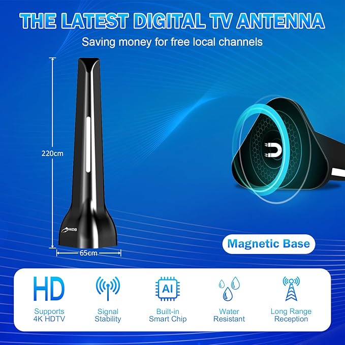 TV Antenna for Smart TV Indoor Long Range Digital HDTV Antenna for Local Channels in 4K 1080p - 360° Reception with Strong Magnetic Base Easy Setup for Free Over-The-Air Channels No Cable