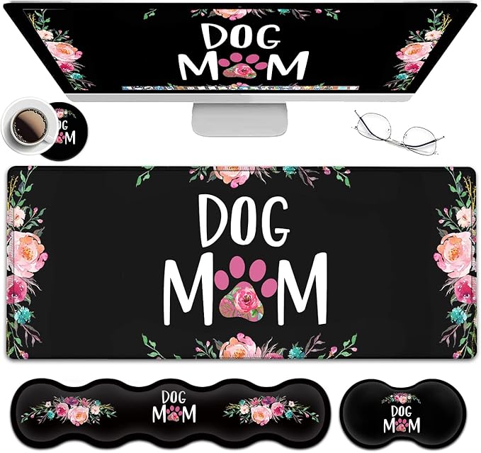Gaming Mouse Pad Large XXL Mouse PadLarge Mouse Pad with Stitched EdgeNon-Slip Desk Pad Ergonomic Keyboard Wrist Rest Anime Mouse Pad Cute Dog Mom Floral Design Black Desk Mat for Computer Laptop