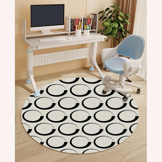 Black White PU Leather Chair Mat Hard Floor Protecting Circles Brush Geometric Circles Noise Cancelling with Anti Slip Rubber Multi-Purpose Floor Mat for Bedroom Abstract Diameter 39.4 in
