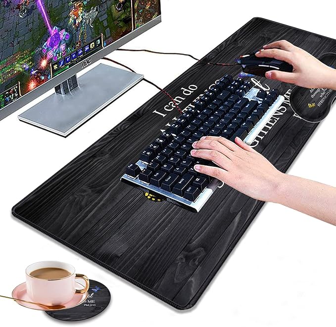 Desk Pad Gaming Mouse Pad + Wrist Rest Support Pad + Coaster 31.5 × 11.8 Durable Non-Slip Extended Computer Mouse Pad Suitable for Office and Home Bible Verse Phil 4-13