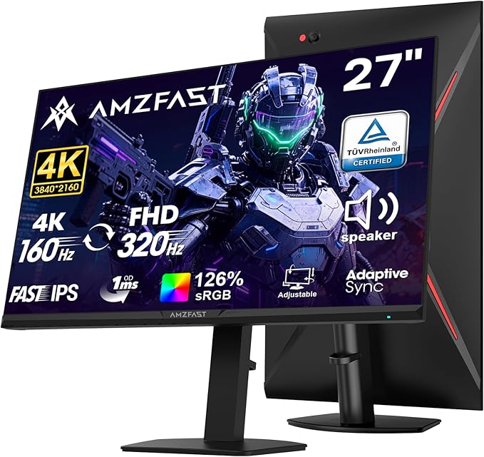 Amzfast 27’‘ 4K Gaming Monitor HDR 400 UHD 160Hz 144Hz | FHD 320Hz 300Hz Dual Mode PC Monitor Built-in Speakers 1ms Fast IPS 126% sRGB PIP/PBP HDMI 2.1 x 2 &amp DP 1.4 x 2 Height Adjustment VES