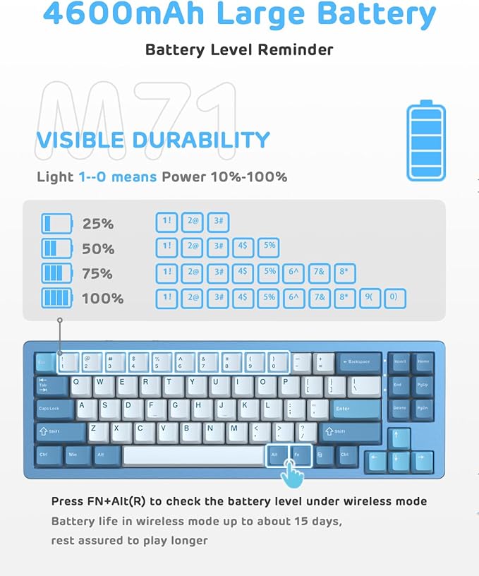 ATTACK SHARK M71 75% TKL Wireless Mechanical KeyboardFull Aluminum CNCBT5.0/2.4G/USB-CHot-swapRGB LEDNKRO Gaming Keyboard4600mAhPre-lubed Linear SwitchCustom Gasket Mount for PC Mac/Win(Blue)