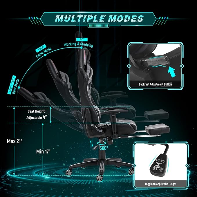 AA Products Gaming Chair Ergonomic High Back Computer Racing Chair Adjustable Office Chair with Footrest Lumbar Support Swivel Chair - Upgraded Version BlackGrey