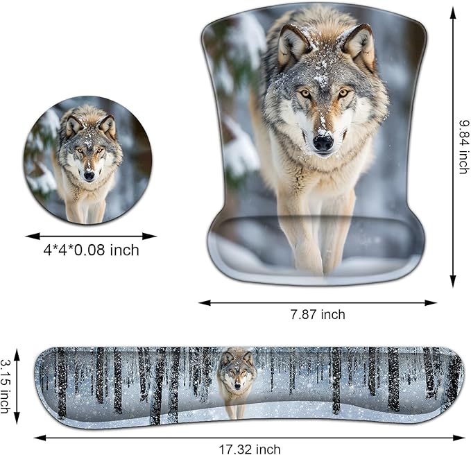 Keyboard Wrist Rest and Mouse Pad Wrist Support Set Ergonomic Gel Mouse Pad Wrist Rest with Non-Slip Base for Home Office Desk Pad Easy Typing Wolf in Snowy Forest Pattern Gaming Mouse Mat