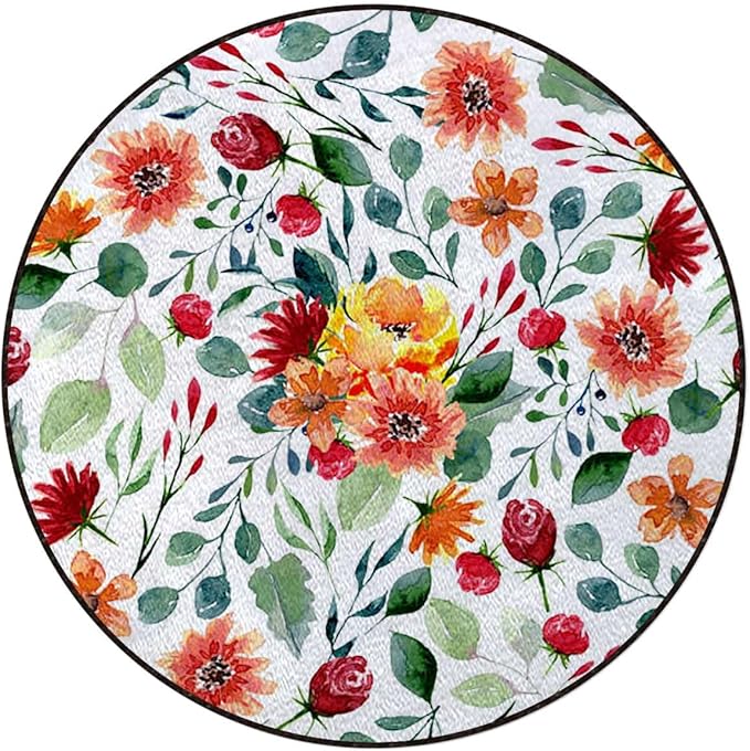 Multicolor Round Rug Nursery Rug for Bedroom Playroom Non Slip Educational Playmat Round Circle Carpet Flowers and Curls on White Background Diameter 59 in