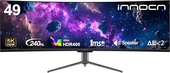 INNOCN 49 240Hz Curved Monitor Ultrawide Gaming QHD 5120 x 1440P Computer Monitor R1800 99% sRGB HDR400 USB Type C DisplayPort HDMI Built-in Speakers Height/Tilt Adjustable - 49C1S