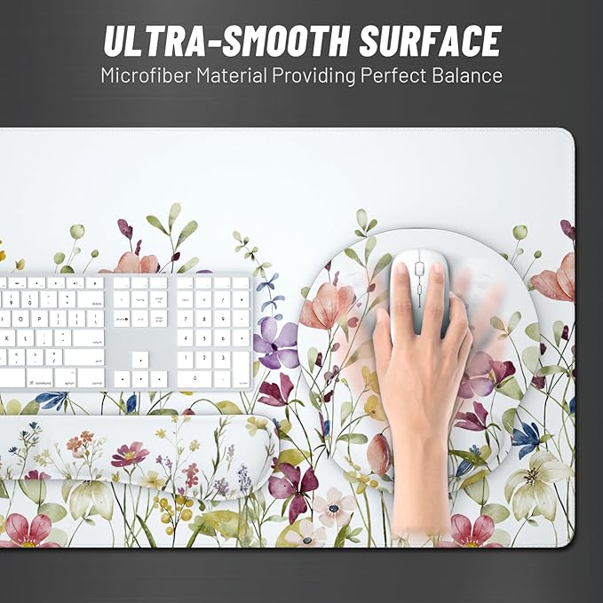 Ovenbird Mouse Pad Set 4-in-1 | Large Gaming Mousepad Keyboard Wrist Rest Mouse Wrist Support Coaster | Ergonomic Office Desk Mat Accessories for Women Men | 4PCS 35.4 x 15.7in White Floral
