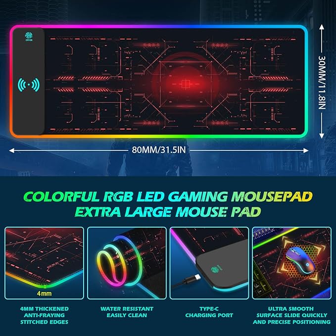 ToLuLu RGB Gaming Wireless Charging Mouse Pad 5/7.5/10/15W 10 Light Modes LED Mouse Pad Computer Keyboard Mat Mousepad 800x300x4MM Extended Large Desk Mat for Gaming MacBook Laptop PCCool Red