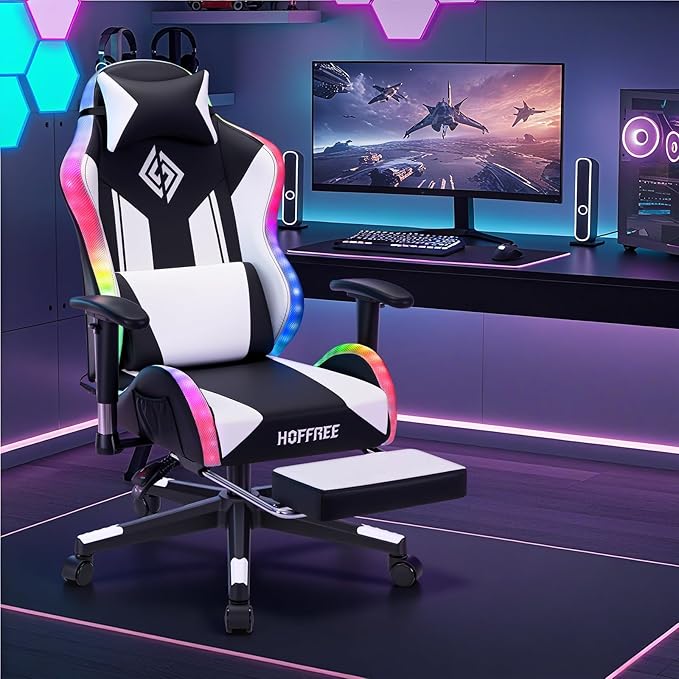 HOFFREE RGB LED Gaming Chair for Kids Reclining Gaming Chairs for Teens 8-15 Computer Chair with RGB Lights Kids PC Game Chair with Footrest and Lumbar Support Video Game Chairs White and Black