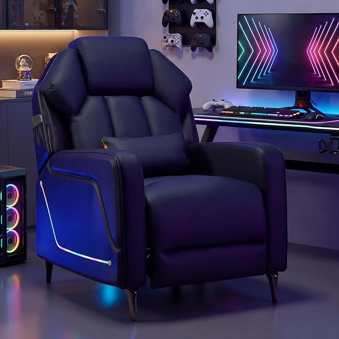 Gaming Recliner Chair with LED Lights Racing Style Big and Tall PU Leather Gaming Chair for Adults Lumbar Support Modern Ergonomic Home Theater Seating for Living Room (Black Ste of 2)