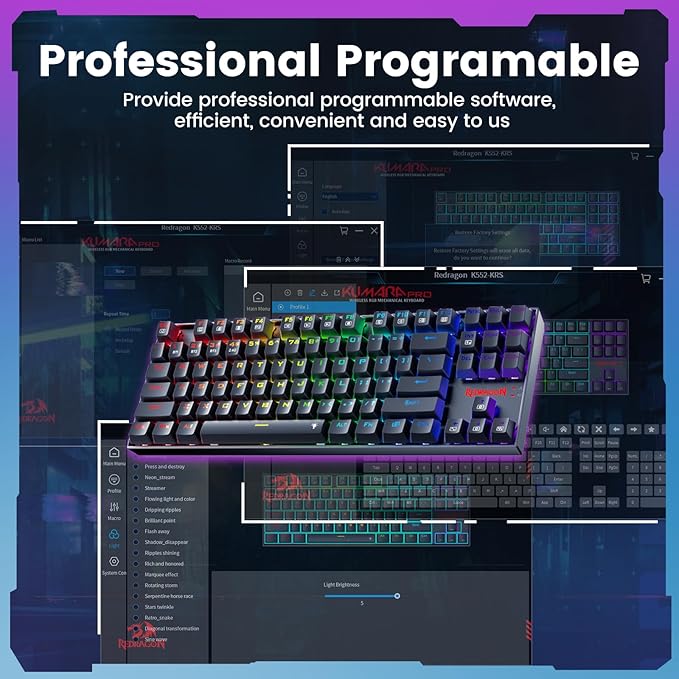Redragon Wireless Gaming Keyboard BT/2.4Ghz Tri-Mode Mechanical Keyboard buit-in Battery Programmable 87 Keys TKL LED Rainbow Backlit - K552-KRS