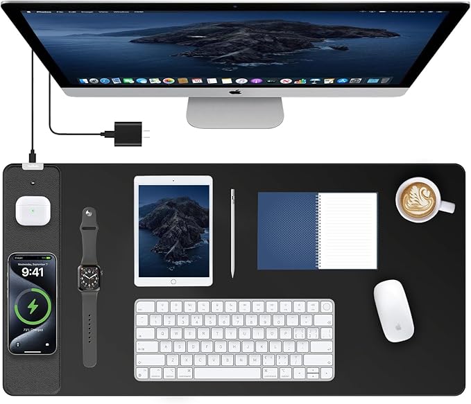 TopMade Mouse Pad with 15W Fast Wireless Charging 31.5x15.75 XXL Large Gaming Mousepad Waterproof Desk Pad Computer Desk Mat Black(Includes 20W PD Power Adapter &amp 6.56ft Woven Cable)