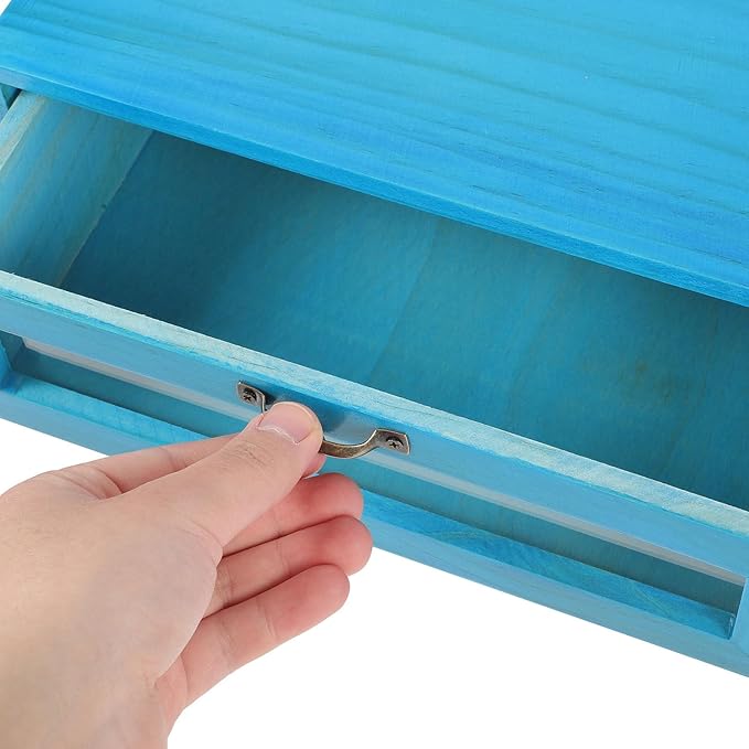 DOITOOL Wooden Monitor Stand with Pull Out Storage Drawer for Desk Organization Rustic Computer Monitor Riser Suitable for Home and Office Single Drawer Mediterranean Blue