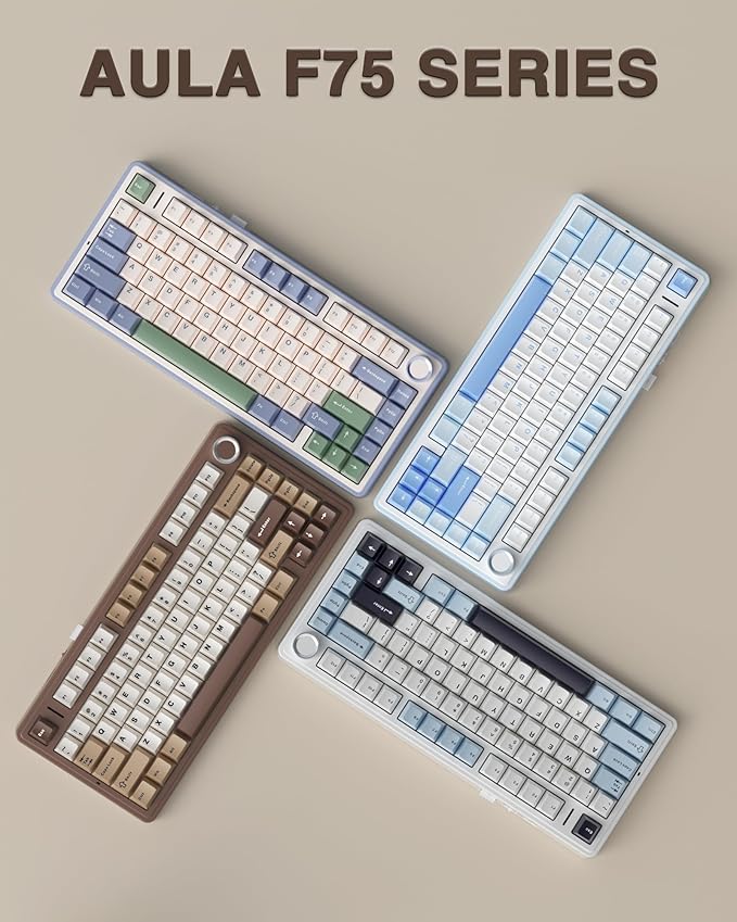 AULA F75 75% Wireless Mechanical Keyboard Hot Swappable Creamy Keyboard Pre-lubed Linear Switches 2.4GHz/Type-C/BT5.0 RGB Backlit Gaming Keyboards(White&ampBrown)
