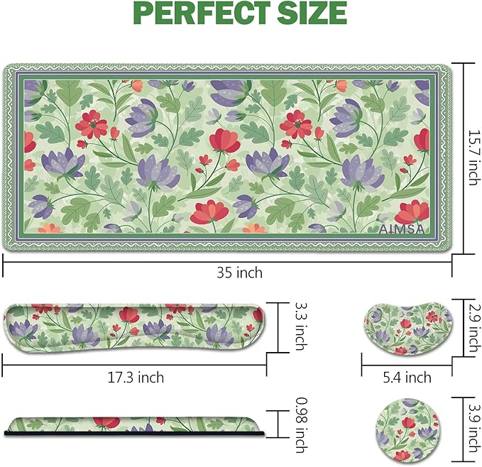 AIMSA Gaming Mouse Pad Wrist Support Set Desk Pad +Mouse Wrist Rest +Keyboard Wrist Rest +Coaster 4in1 Ergonomic Mouse Pad Combo for Home Office -Red Purple Flower