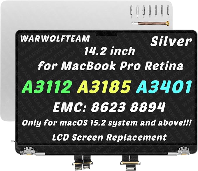 14inch Compatible with MacBook Pro A3112 M4 2024 A3185 M4 2024 A3401 M4 Pro/Max 2024 EMC 8623 EMC 8894 3024 x 1964 LCD LED Screen Replacement Whole Hinge-up Assembly (Silver)