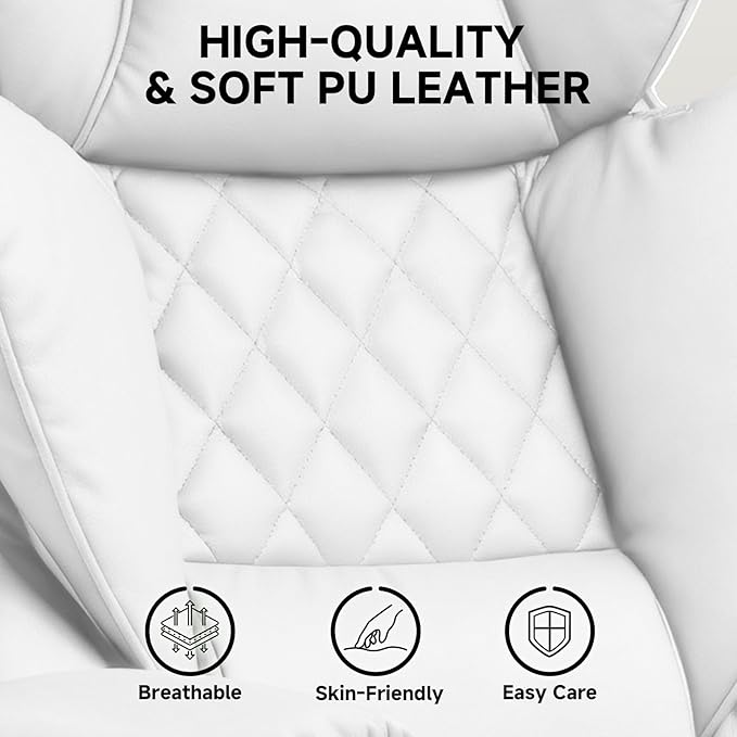 COMHOMA Big and Tall Gaming Chair with Pocket Spring Lumbar Support Ergonomic Office Chair with Footrest Executive Desk Chair with Outward Fixed Soft Armrests Computer Chair with High Back White