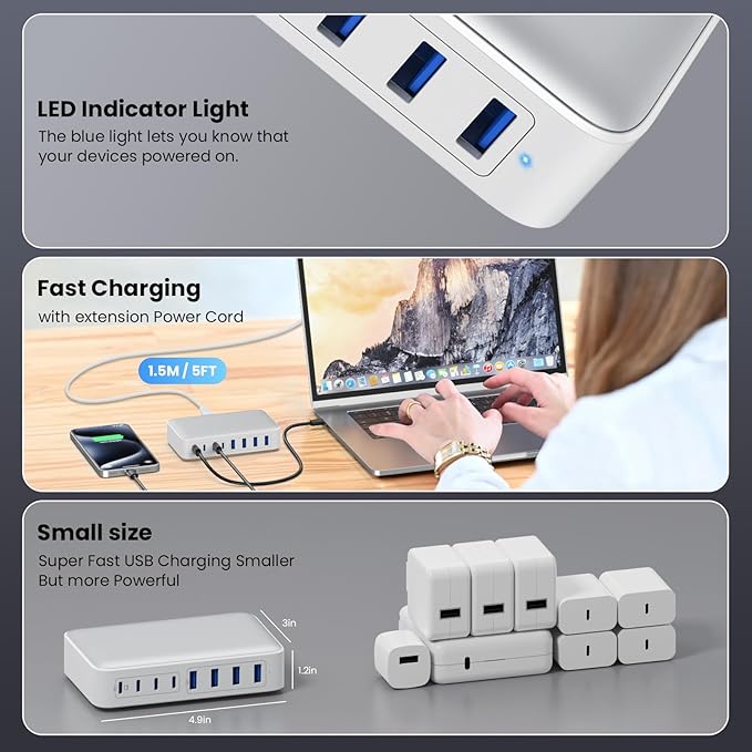USB C Charger 200W USB C Charger BlockUpgraded GaN III 8-Port Fast Charging Station HubPD 65W Laptop Charging Adapter Compatible with MacBook Pro/AirDELLSteam DeckiPhone 16/15/14Galaxy S23/22