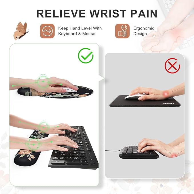 iLeadon Floral Mouse Pad Sets Desk Matt for Desktop Mouse Pad with Wrist Support Extra Large Desk Size Mouse Mat+Cup Coaster with Non-Slip Base for Women Home Office (Black)
