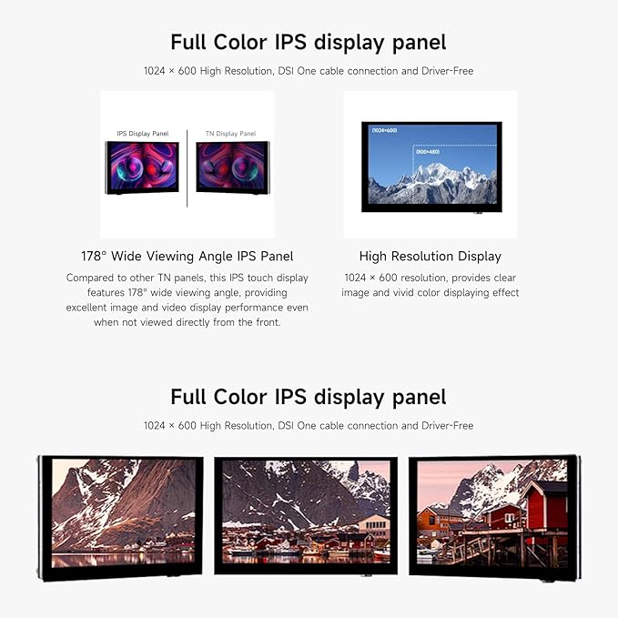 waveshare 5inch Capacitive Touch Display compatilbe with Raspberry Pi 5/4B/3B/CM4/3 DSI Interface IPS Panel 1024x600 Pixels Toughened Glass Panel No Driver Required