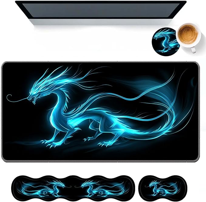 Keyboard Mouse Pad SetLarge Desk Pad+Keyboard Wrist Rest+Mouse Wrist Support+CoasterEasy Typing Pain Relief Non-Slip Wrist Support Mousepad Set Home OfficeBlue Dragon