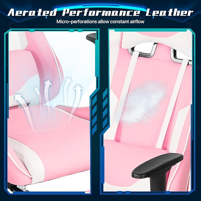 Ergonomic Gaming Chair with Footrest High Back PU Leather Office Desk Chair for Adults Teens Rolling Swivel Computer Chair (Pink)