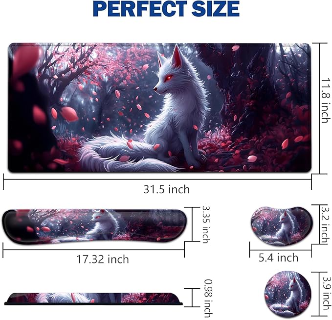 Large Mouse Pad + Keyboard Wrist Rest Set Extended Gaming Mousepad (31.5X11.8 inch) with Non-Slip Rubber Ergonomics Memory Foam Mouse Wrist Rest Support White Kitsune Cherry Blossoms Desk Pad