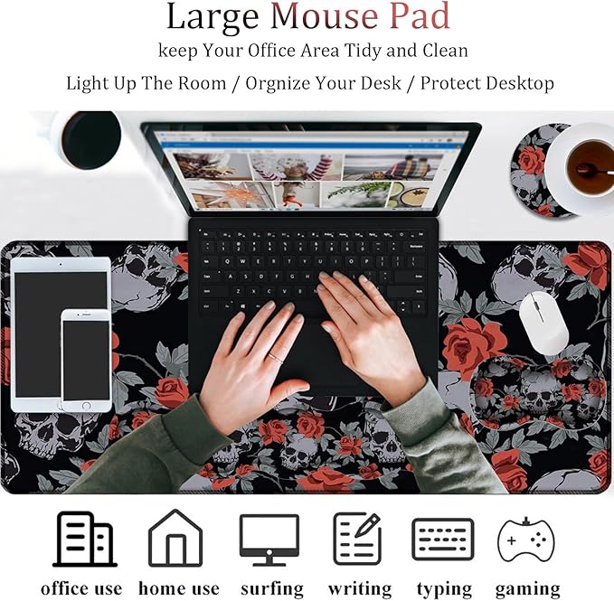 4 in 1 Mouse Pad Combo Large Gaming Mouse Pad + Keyboard Wrist Support + Mouse Wrist Rest + Coaster Table Pad with Stitched Edge Memory Foam Ergonomic Wrist Pad Set Human Skulls Vintage Roses