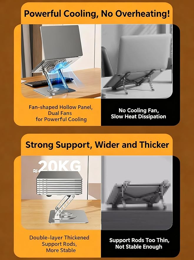 Selbst Laptop Stand for Desk with Quiet Cooling Fans - 360 Rotating Base Ergonomic Computer Stand Aluminum Laptop Riser Foldable Protable for Office Home fits MacBook Air Pro Dell HP (10-17.3'')
