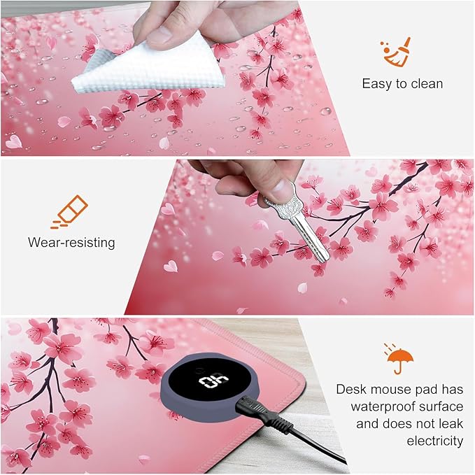 Heated Mouse PadWarm Desk Pad with 3 Levels Heating &amp 3 Hours Auto Shut-Off PU Leather Heated Desk Pad Warmer Pad for Home Office - 31.5 x 13 inchCherry Blossoms